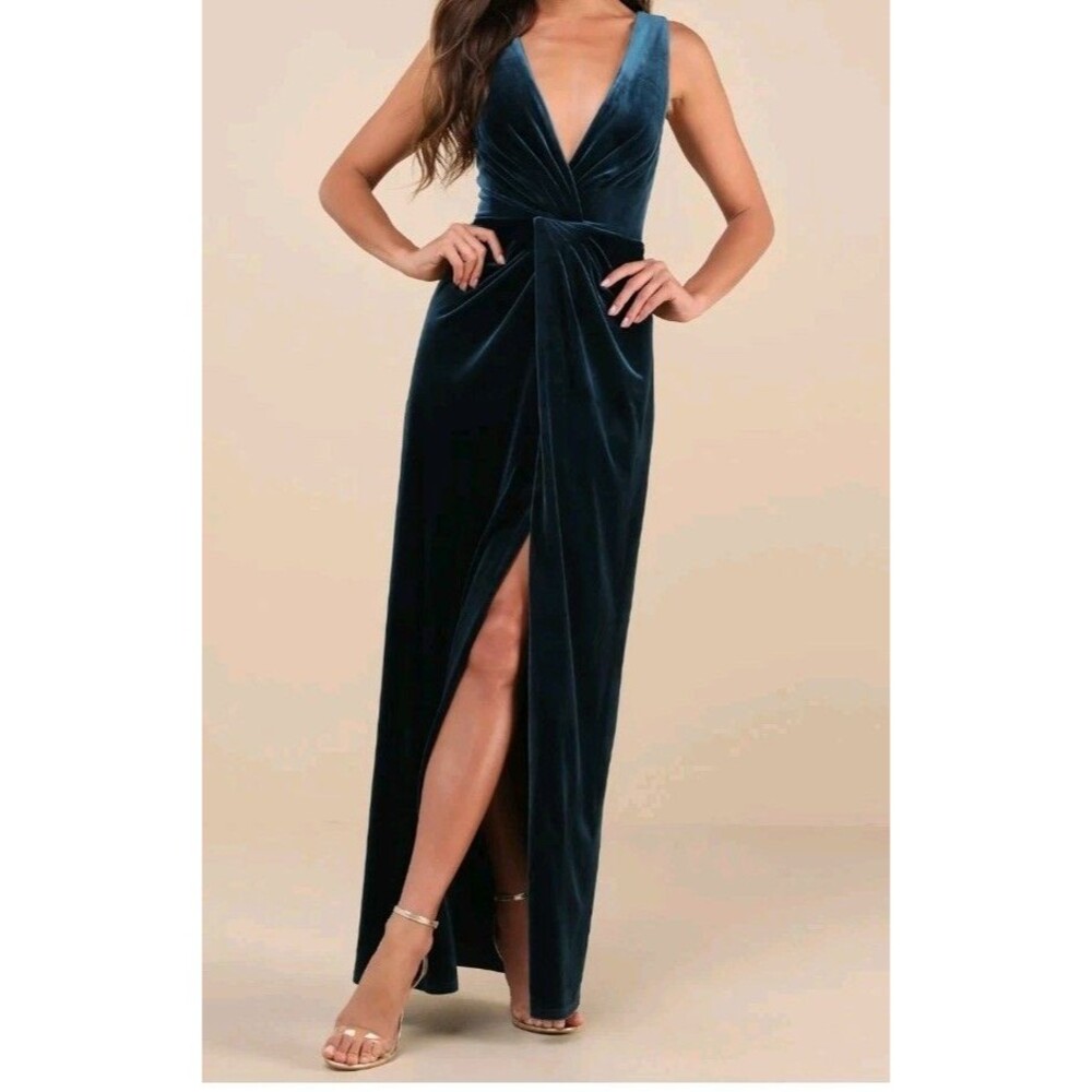 LULUS  Beautiful Evenings Dark Teal Velvet Twist-Front Maxi DressSize XL